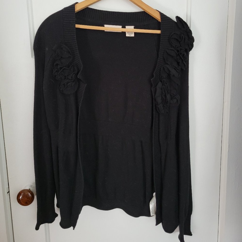 DKNY Jeans Black Cardigan with Black Floral Appliques. Size Medium